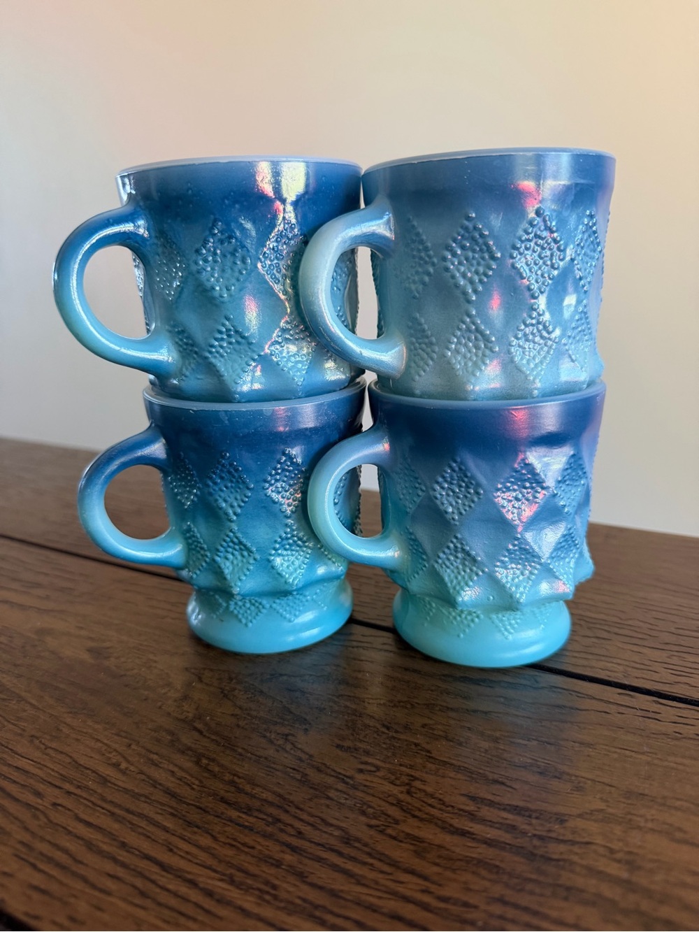 Vintage 1960s-70s Anchor Hocking Fire King Blue Kimberly Diamond Mugs Set of 4 - Picture 2 of 9